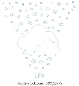 The cloud and icons in flat style. Cloud technologies and services in smartphone, tablet, desktop. Tools and programs on mobile devices. Illustration of cloud software in the mobile.