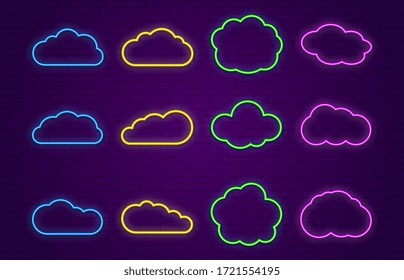 Cloud icons. Line neon speech bubbles forms for bar, restaurant or outside hang banner. Glowing colorful clouds vector set