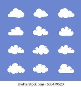 Cloud icons on blue sky. Vector icon set of clouds. Vector illustration.