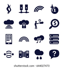 Cloud icons set. set of 16 cloud filled icons such as explosion, man, rain, smoke, search dollar, calendar on phone, rainbow, server, exclamation