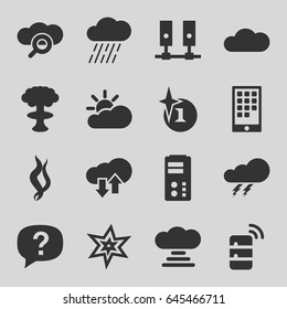 Cloud icons set. set of 16 cloud filled icons such as thunder, explosion, rain, smoke, calendar on phone, server, exclamation