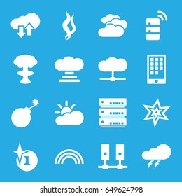 Cloud icons set. set of 16 cloud filled icons such as cloudy weather, thunder, explosion, smoke, calendar on phone, rainbow, server