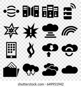Cloud icons set. set of 16 cloud filled icons such as cloudy weather, explosion, document in folder, smoke, calendar on phone, server, rainbow, exclamation