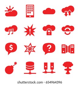 Cloud icons set. set of 16 cloud filled icons such as explosion, calendar on phone, server, exclamation