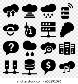 Cloud icons set. set of 16 cloud filled icons such as explosion, rain, smoke, server