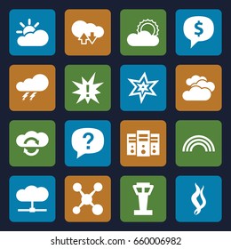 Cloud icons set. set of 16 cloud filled icons such as airport tower, cloudy weather, thunder, explosion, sun, smoke, rainbow, exclamation, share