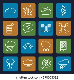 cloud icons set. Set of 16 cloud outline icons such as thunder, rain, smoke, search dollar, calendar on phone, rainbow, server, exclamation, share