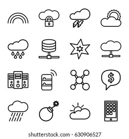 Cloud icons set. set of 16 cloud outline icons such as thunder, explosion, rain, sun, calendar on phone, rainbow, server