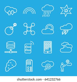 Cloud icons set. set of 16 cloud outline icons such as cloudy weather, thunder, explosion, rain, man, sun, smoke, calendar on phone, rainbow, server