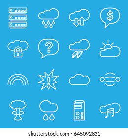 Cloud icons set. set of 16 cloud outline icons such as thunder, rain, rainbow, exclamation, atom interaction, nuclear explosion