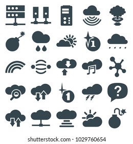 Cloud icons. set of 25 editable filled cloud icons such as thunder, explosion, exclamation, atom interaction, server, rain, rainbow, share, nuclear explosion