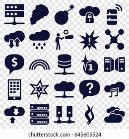 Cloud icons set. set of 25 cloud filled icons such as cloudy weather, explosion, man, smoke, calendar on phone, rain, rainbow, server, exclamation