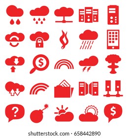 Cloud icons set. set of 25 cloud filled icons such as thunder, explosion, rain, sun, document in folder, smoke, search dollar, calendar on phone, rainbow, server, exclamation