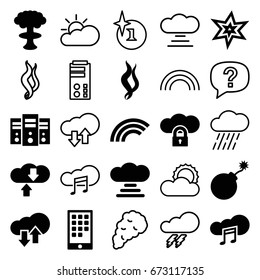 Cloud icons set. set of 25 cloud filled and outline icons such as explosion, smoke, calendar on phone, rainbow, nuclear explosion, thunder, rain, sun, exclamation