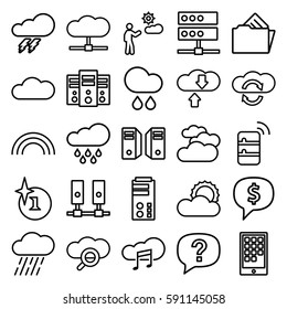 cloud icons set. Set of 25 cloud outline icons such as cloudy weather, thunder, explosion, rain, man, sun, document in folder, calendar on phone, rainbow, server