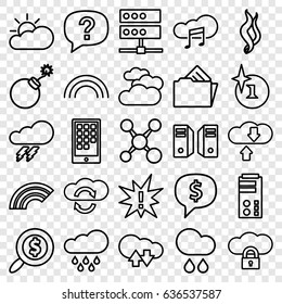 Cloud icons set. set of 25 cloud outline icons such as cloudy weather, thunder, explosion, document in folder, rain, smoke, search dollar, calendar on phone, rainbow, server