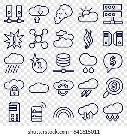 Cloud icons set. set of 25 cloud outline icons such as cloudy weather, thunder, explosion, rain, smoke, search dollar, rainbow, server, exclamation