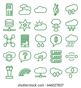 Cloud icons set. set of 25 cloud outline icons such as airport tower, cloudy weather, explosion, rain, smoke, calendar on phone, rainbow, exclamation, share, atom interaction