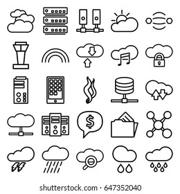 Cloud icons set. set of 25 cloud outline icons such as airport tower, cloudy weather, thunder, rain, document in folder, smoke, calendar on phone, rainbow, share