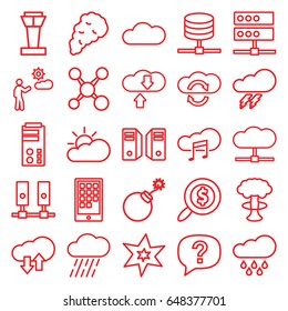 Cloud icons set. set of 25 cloud outline icons such as airport tower, thunder, explosion, rain, man, smoke, search dollar, calendar on phone, server, exclamation, share