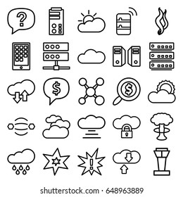 Cloud icons set. set of 25 cloud outline icons such as airport tower, cloudy weather, explosion, sun, smoke, search dollar, calendar on phone, rain, server, exclamation, share
