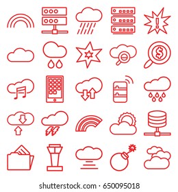 Cloud icons set. set of 25 cloud outline icons such as airport tower, cloudy weather, thunder, explosion, rain, sun, document in folder, search dollar, calendar on phone