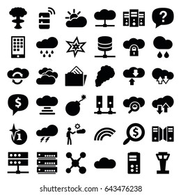 Cloud icons set. set of 36 cloud filled icons such as airport tower, cloudy weather, thunder, explosion, man, document in folder, rain, smoke, search dollar, calendar on phone