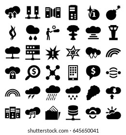 Cloud icons set. set of 36 cloud filled icons such as airport tower, thunder, explosion, rain, man, document in folder, smoke, search dollar, calendar on phone, rainbow