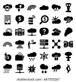 Cloud icons set. set of 36 cloud filled icons such as airport tower, cloudy weather, thunder, explosion, rain, man, sun, document in folder, smoke, search dollar