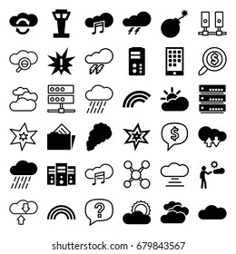 Cloud icons set. set of 36 cloud filled and outline icons such as airport tower, cloudy weather, thunder, explosion, rain, man, sun, document in folder, smoke