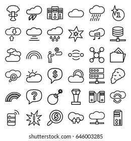 Cloud icons set. set of 36 cloud outline icons such as airport tower, cloudy weather, thunder, explosion, rain, man, sun, document in folder, smoke, search dollar, rainbow