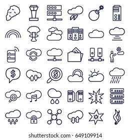 Cloud icons set. set of 36 cloud outline icons such as airport tower, cloudy weather, thunder, explosion, rain, man, sun, document in folder, smoke, search dollar, rainbow