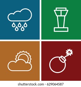 Cloud icons set. set of 4 cloud outline icons such as airport tower, explosion, sun