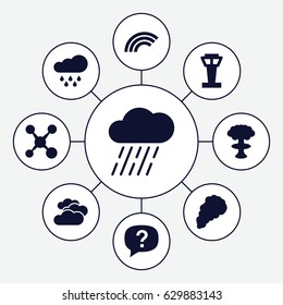 Cloud icons set. set of 9 cloud filled icons such as airport tower, cloudy weather, rain, smoke, rainbow, question mark, share