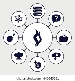Cloud icons set. set of 9 cloud filled icons such as explosion, document in folder, smoke, exclamation