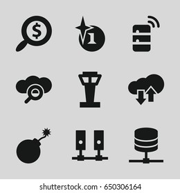 Cloud icons set. set of 9 cloud filled icons such as airport tower, explosion, search dollar