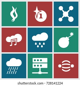 Cloud icons set. set of 9 cloud filled icons such as explosion, rain, music cloud, smoke, share, atom interaction