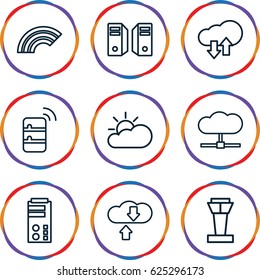 Cloud icons set. set of 9 cloud outline icons such as airport tower, server