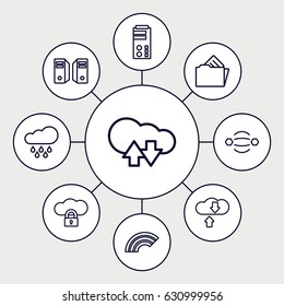 Cloud icons set. set of 9 cloud outline icons such as document in folder, rain, server, rainbow