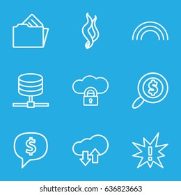 Cloud icons set. set of 9 cloud outline icons such as document in folder, smoke, search dollar, rainbow, exclamation
