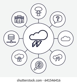 Cloud icons set. set of 9 cloud outline icons such as thunder, search dollar, exclamation, nuclear explosion