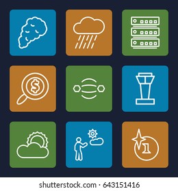 Cloud icons set. set of 9 cloud outline icons such as airport tower, explosion, rain, man, sun, smoke, search dollar, atom interaction