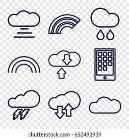 Cloud icons set. set of 9 cloud outline icons such as thunder, rain, calendar on phone