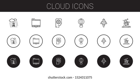 cloud icons set. Collection of cloud with acid rain, ftp, thinking, hot air balloon, startup, hurricane. Editable and scalable cloud icons.