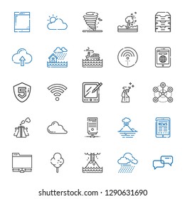 cloud icons set. Collection of cloud with conversation, storm, eruption, cotton candy, ftp, tablet, volcano, server, cloud computing, pollution. Editable and scalable icons.