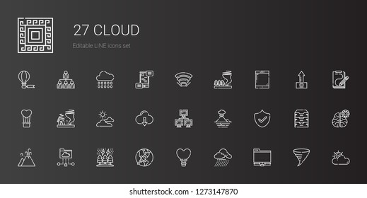 cloud icons set. Collection of cloud with ftp, storm, hot air balloon, startup, cloud folder, eruption, security, volcano, network, cloud computing. Editable and scalable icons.