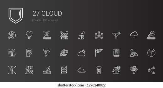 cloud icons set. Collection of cloud with mind, hot air balloon, cloud computing, archive, hurricane, storm, network, tablet, wind sign, tornado. Editable and scalable icons.