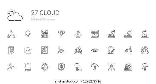 cloud icons set. Collection of cloud with network, cloud computing, hot air balloon, security, ozone layer, tablet, cloudy, sketch, hurricane. Editable and scalable icons.