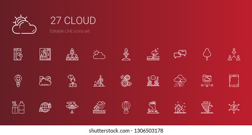 cloud icons set. Collection of cloud with storm, tornado, hot air balloon, flood, cloud computing, network, spray, discussion, development. Editable and scalable icons.