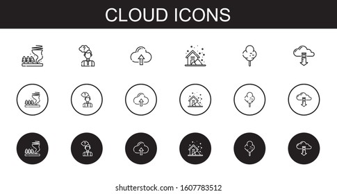 cloud icons set. Collection of cloud with tornado, thinking, cloud computing, storm, cotton candy. Editable and scalable icons.